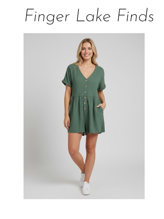 Emery Rose Pants - Emery Rose Green Button-Front 100% Cotton Gauze Romper, L